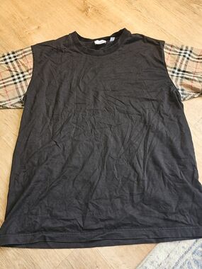 Burberry Black Short Sleeve Tee with Signature Plaid Sleeves